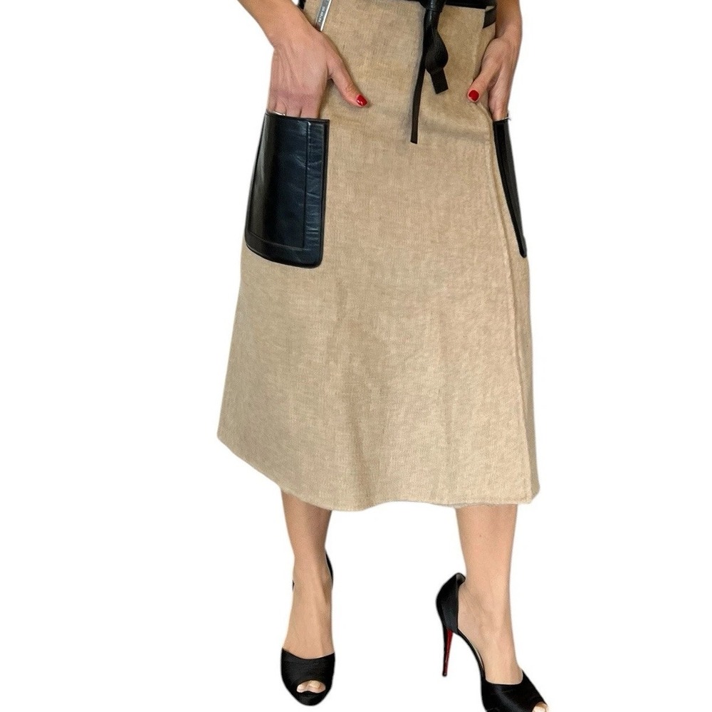 PETER DO Double-face Wool Belted Wrap Midi Skirt Leather Trim Light Camel 38 6 - Picture 2 of 16